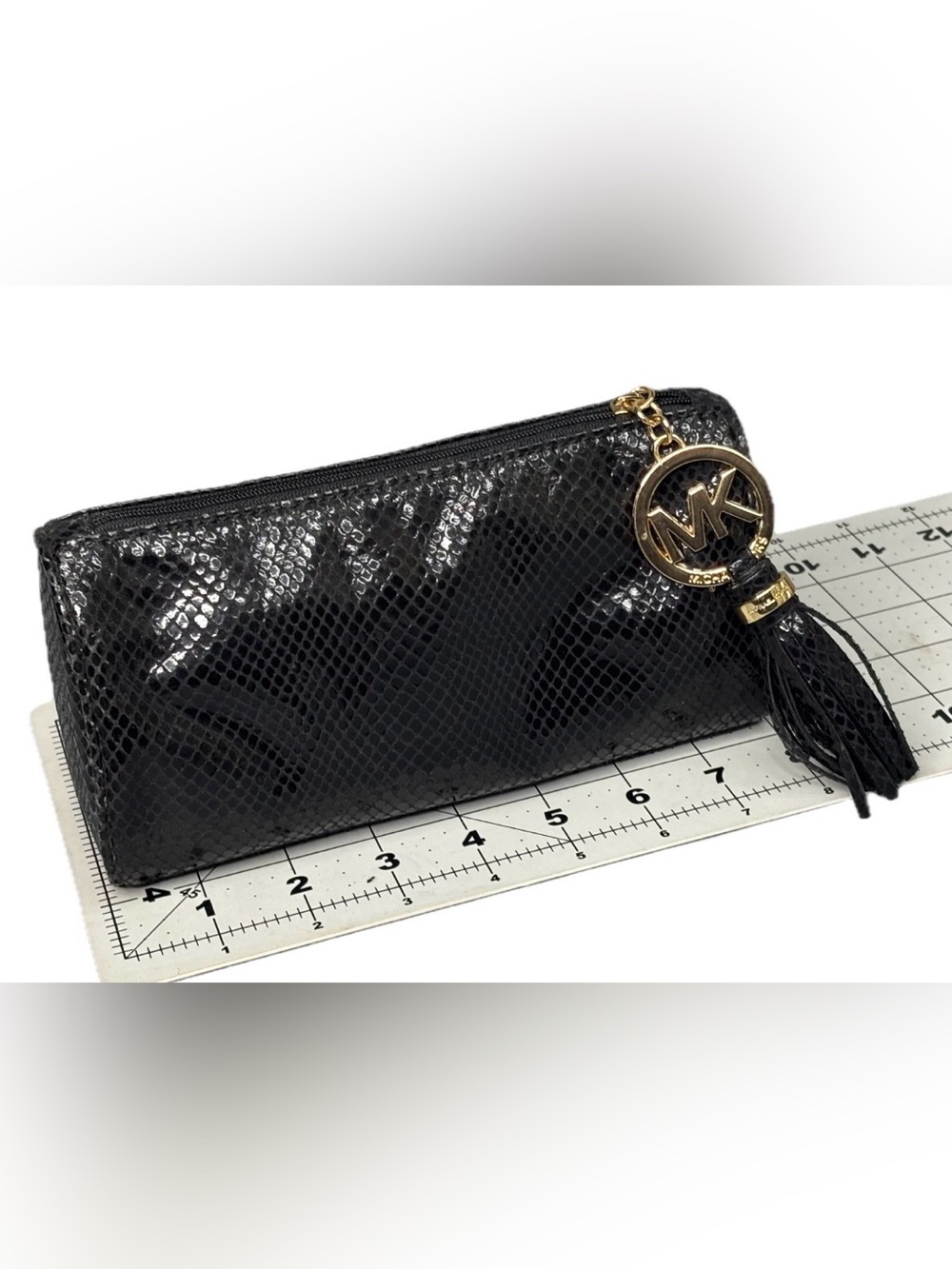 Michael Kors Black Snake-Embossed Leather Cosmetic Pouch w Gold MK Tassel EUC - Picture 6 of 15